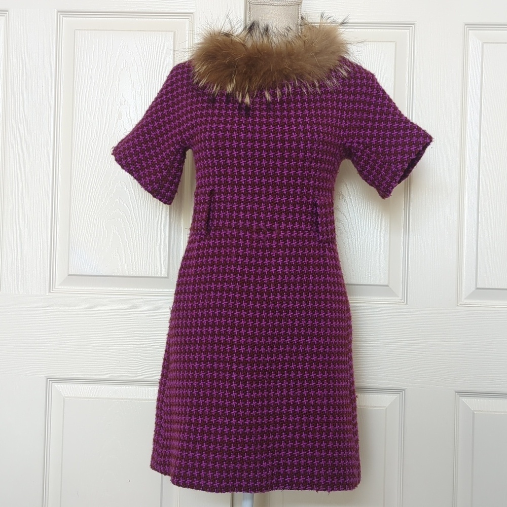 Purple Houndstooth Dress with Faux Fur Collar